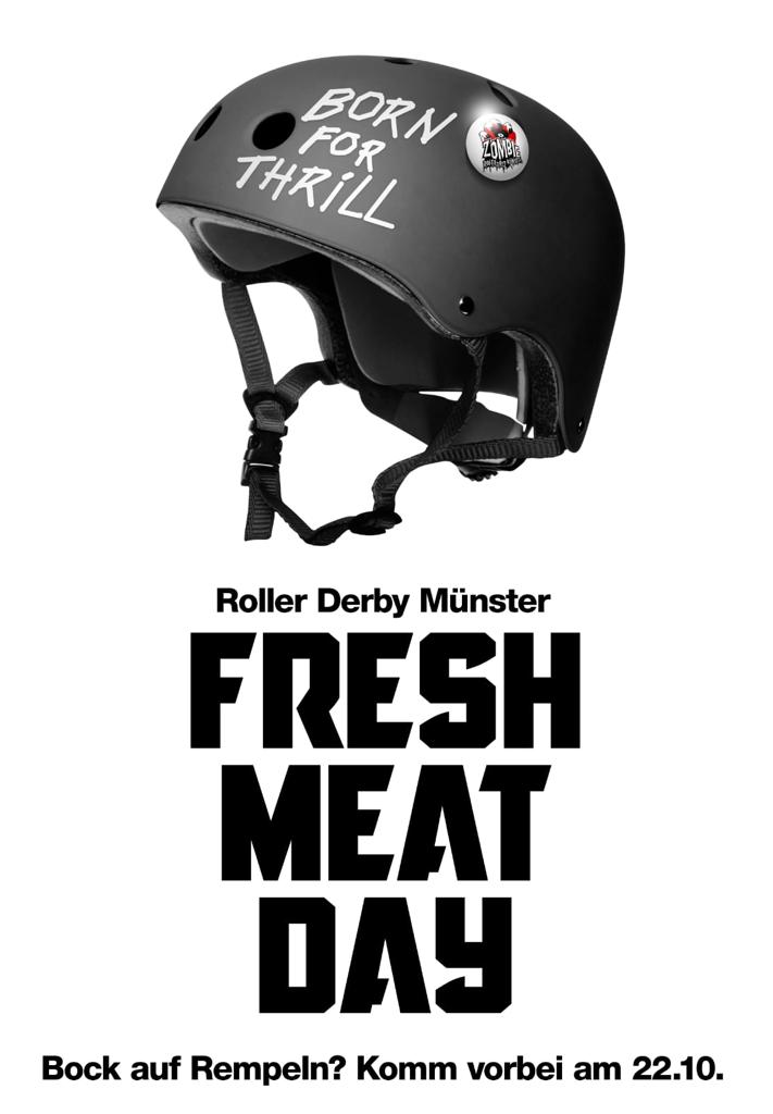 Ein schwarzer Helm, darunter der Text: Roller Derby Münster, Fresh Meat Day; Bock auf rempeln? Komm vorbei am 22.10.